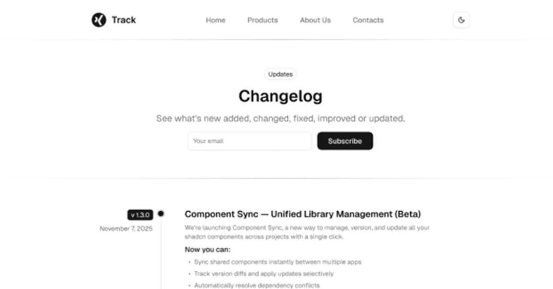 Track - Shadcn UI Changelog Landing Page Template - Coder Legion